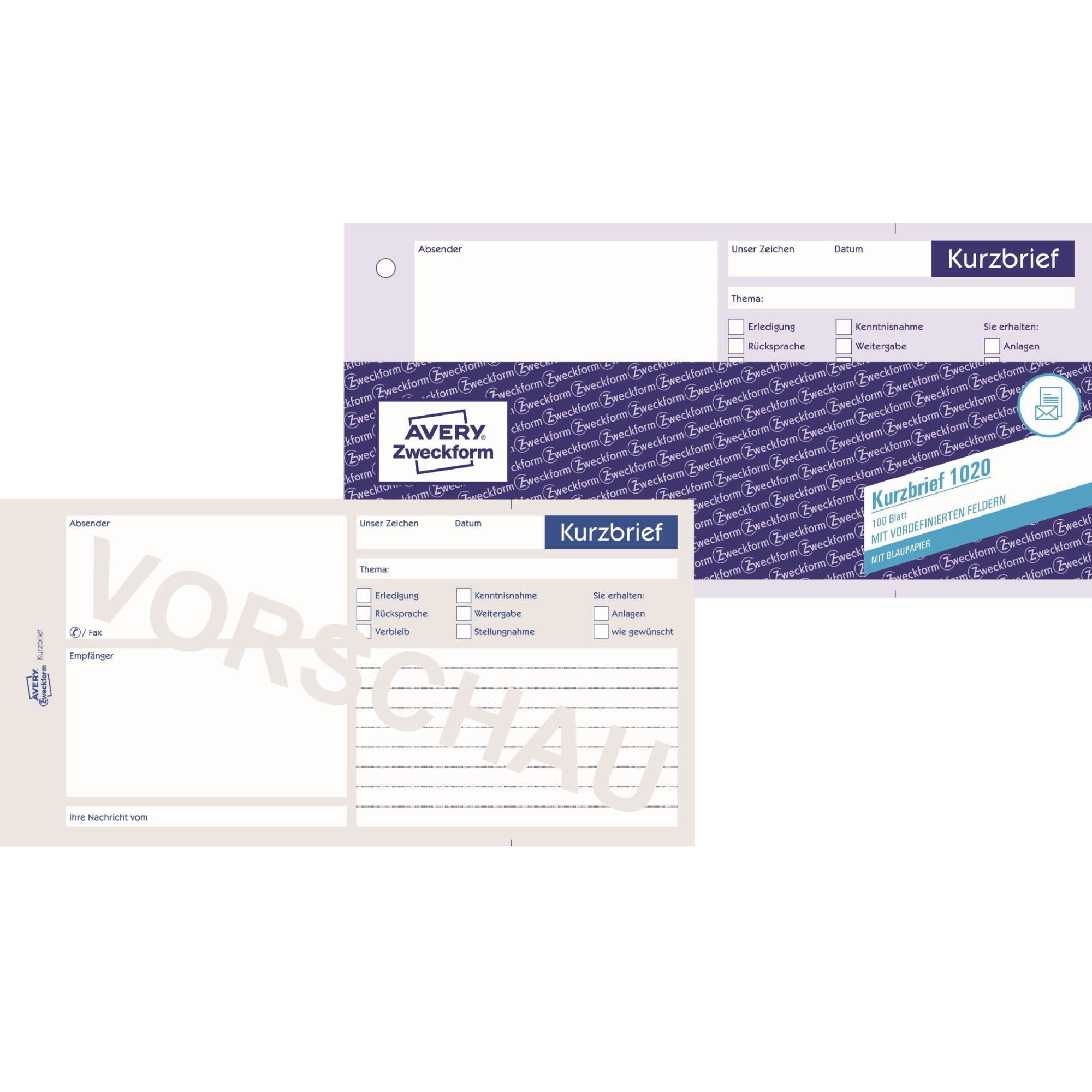 Avery Zweckform 1020 - Wit - Rechthoek - 1/3 A4 - Papier - 100 vel