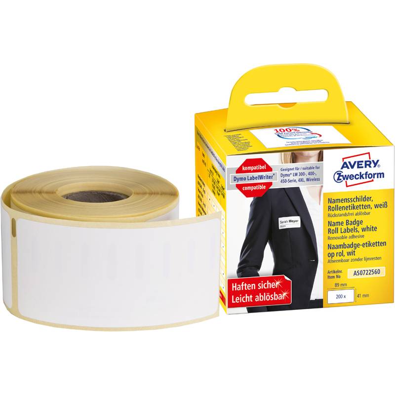 Avery -zweckform rol met zelfklevende naambadges compatibel met dymo 11356, s0722560 41 x 89 mm folie wit 200 stuk(s)