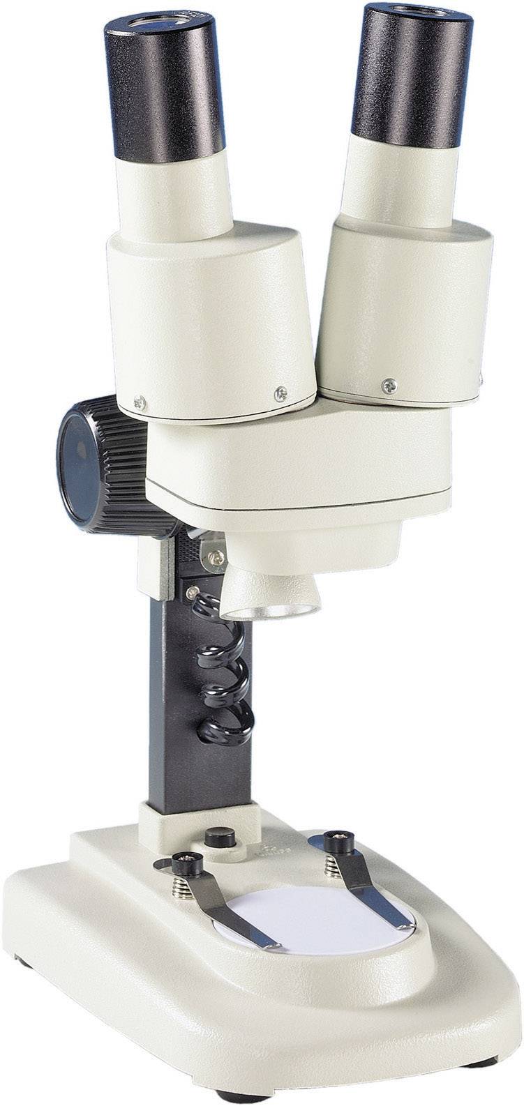 Een binoculair microscoop met twee oculairen en een verstelbare voet, dat wordt gebruikt voor het vergroten van kleine objecten.