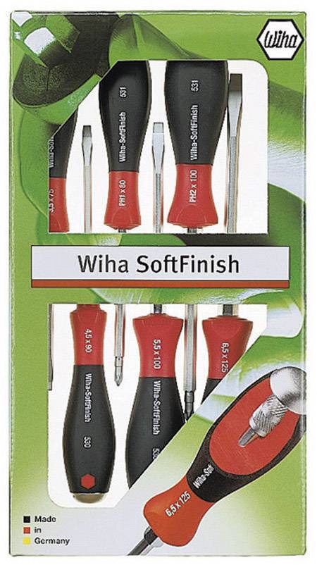Een set van zes Wiha SoftFinish schroevendraaiers in verschillende maten, gepresenteerd in een verpakking.