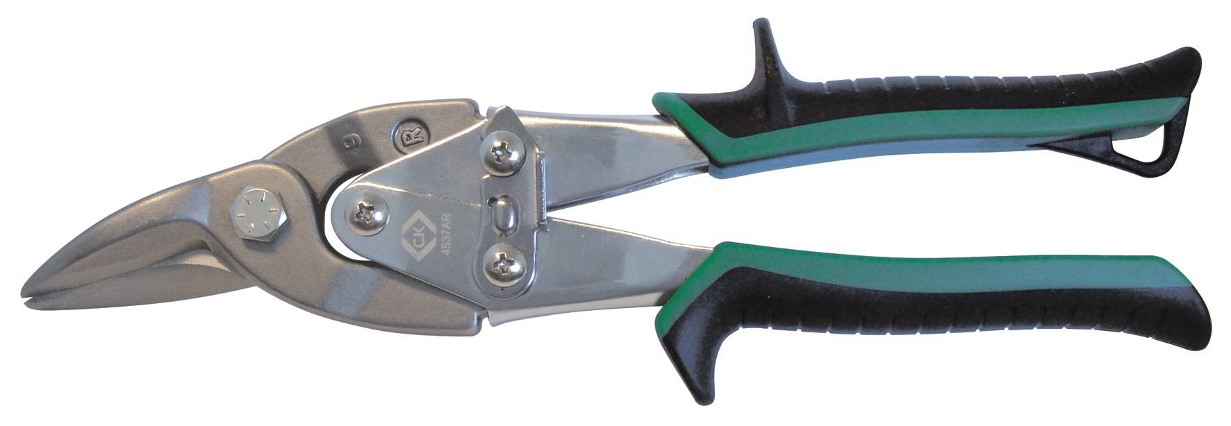 Metaalschaar met groen-zwarte handgreep, geschikt voor het knippen van platen en metalen.