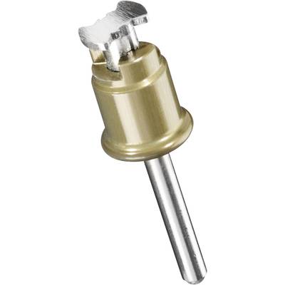 Een goudkleurige metalen plugfrees met een cilindrische schacht en een getande verzinkbek. Gebruikt voor het verwijderen van pluggen.