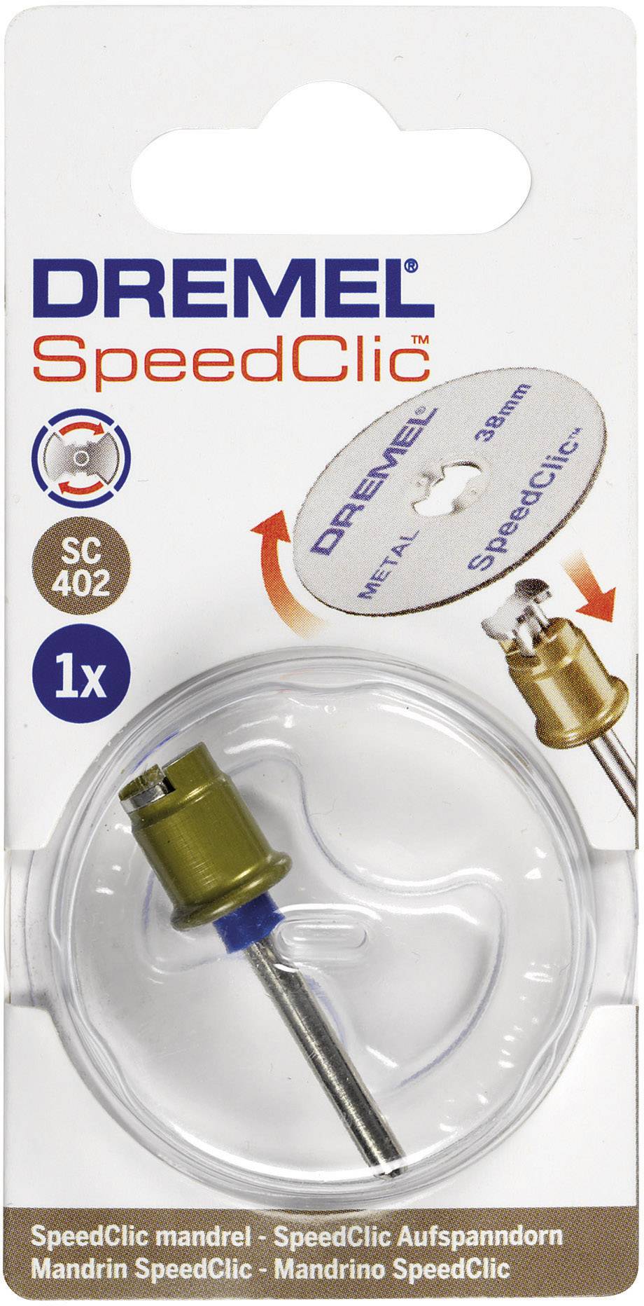 Dremel SpeedClic SC402 Mandrel-verpakking met productafbeelding en technische specificaties op witte achtergrond.