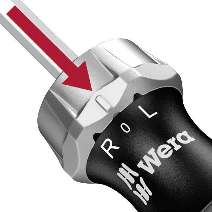 Een schroevendraaierhandgreep met 'R' en 'L' markeringen, toont een rode pijl die wijst naar de richting op de bovenkant van de handgreep.