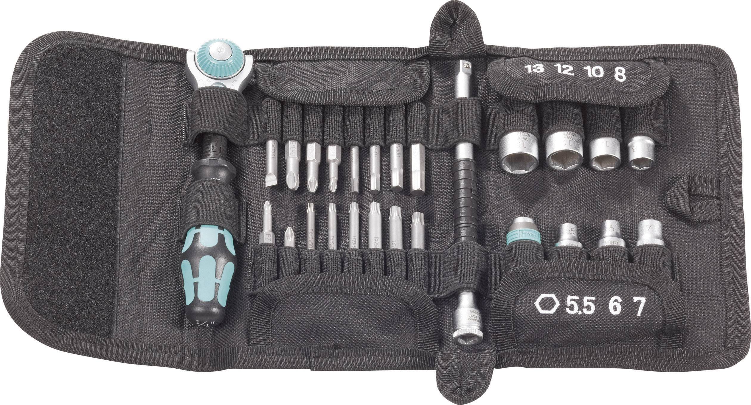 Een open gereedschapsset met schroevendraaier, verschillende bits en dopsleutels van 8 tot 13 mm, op een zwart stoffen etui.