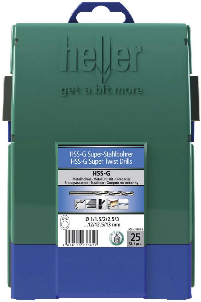 Groene verpakking met de opdruk 'HSS-G Super-staalborenset'. Bevat metaalboren in maten 1/1,5/2/2,5/3 tot 13 mm.