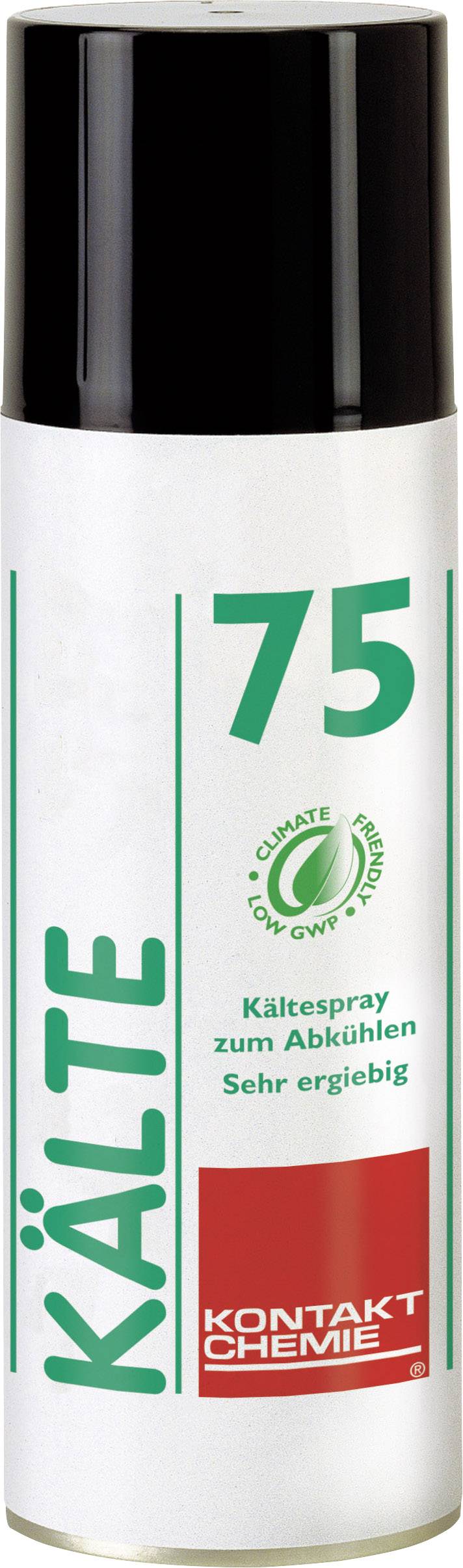Spuitbus met opschrift 'Kälte 75', bevat koudesprays van Kontakt Chemie, aangeprezen als zeer zuinig en milieuvriendelijk.