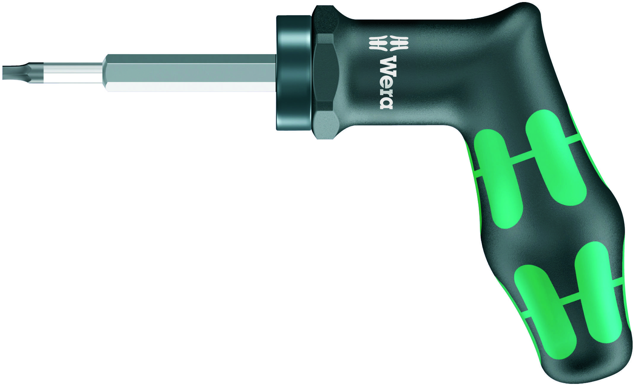 'Wera Kraftform Kompakt VDE' haakse schroevendraaier met groen-zwarte greep en verwisselbare bit, geschikt voor elektrische werkzaamheden.