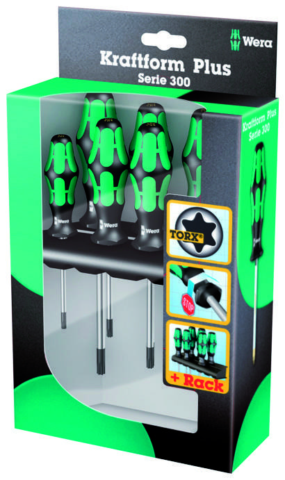'Wera Kraftform Plus Serie 300' schroevendraaierset, bestaande uit verschillende groene en zwarte schroevendraaiers in een verpakking.