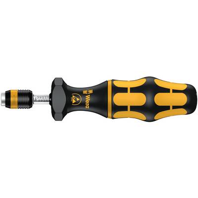 Schroevendraaier met ergonomische greep, zwart-geel, merk Wera, geïsoleerde punt, voor precisie schroeven, op witte achtergrond.