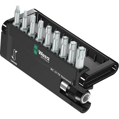 Een set van tien zilveren Torx-bits in een zwarte houder van Wera. De houder toont een torsiesymbool.