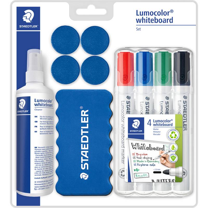 Staedtler Lumocolor Whiteboard Set 613 S 613 S Whiteboardmarker Zwart, Blauw, Rood, Groen Incl. bordwisser, bordreiniger-0