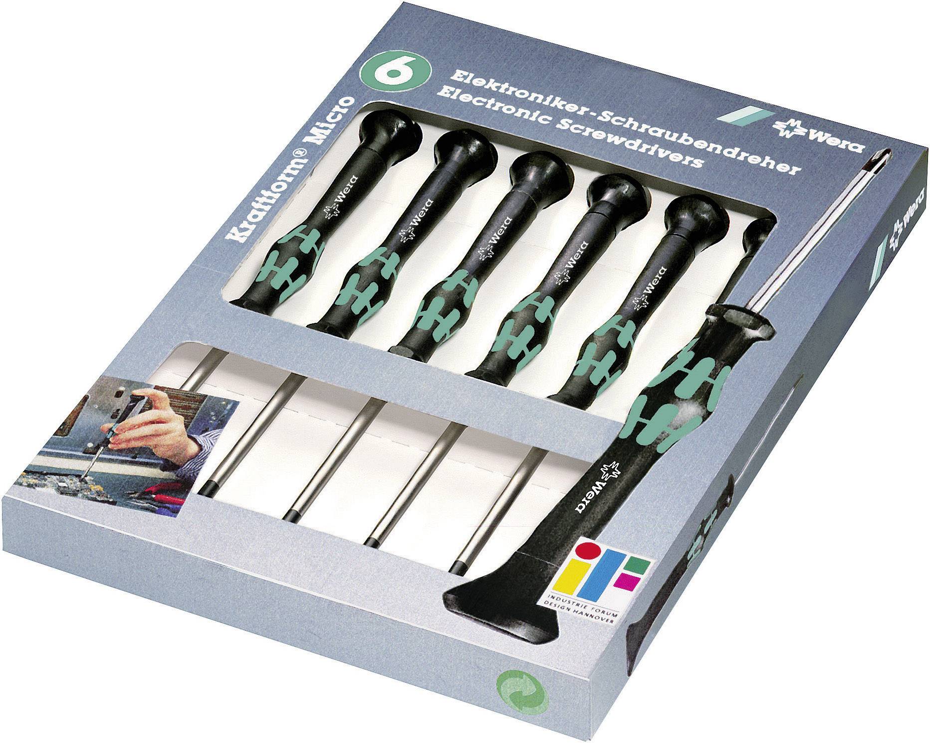 'WERA Kraftform Micro' schroevendraaier-set met zes schroevendraaiers, geschikt voor elektronische werkzaamheden, in een verpakking.