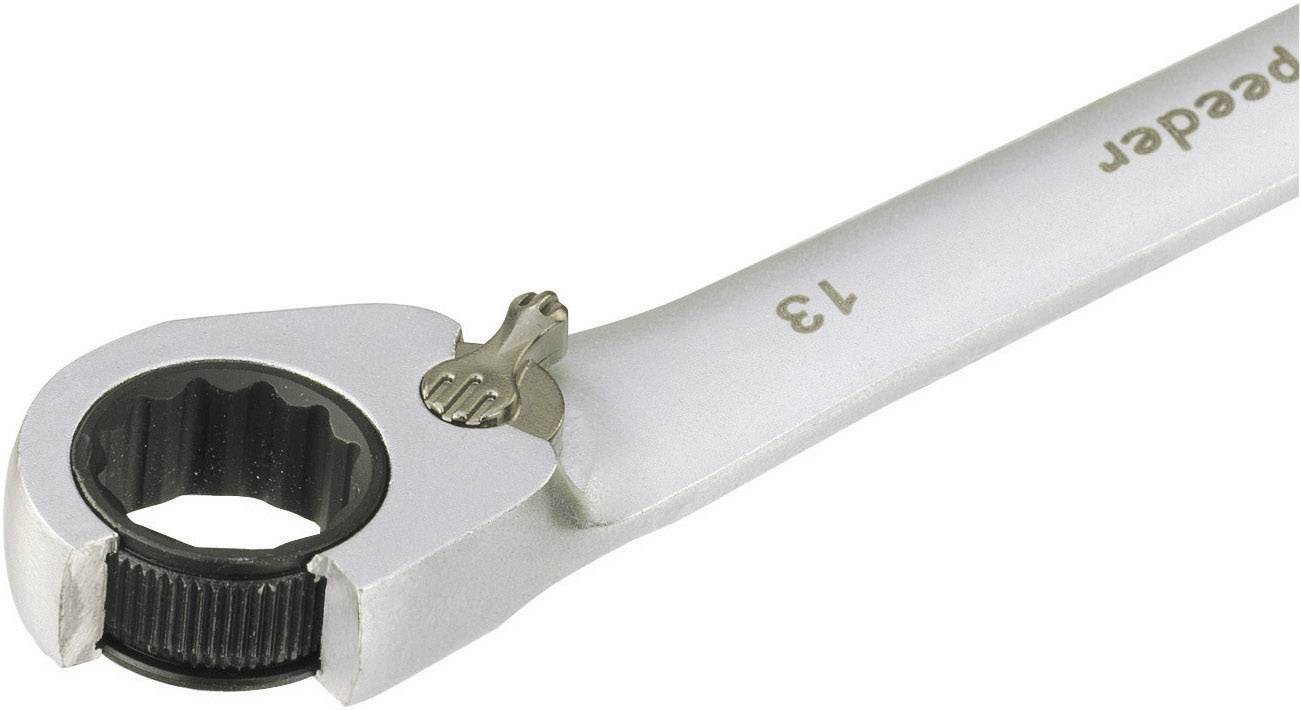Een zilveren steeksleutel met ratelmechanisme, maat 13, waarop 'speeder' staat. Perfect voor efficiënt vastdraaien of losdraaien van schroeven.