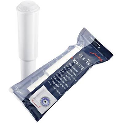 Waterfilterpatroon 'Claris White' naast een verpakking. De patroon is bedoeld voor het verbeteren van de waterkwaliteit in koffiemachines.