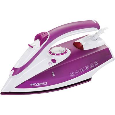 Een roze-wit stoomstrijkijzer van het merk Severin met een draaiknop voor temperatuurinstelling en symbolen voor stoomfuncties.