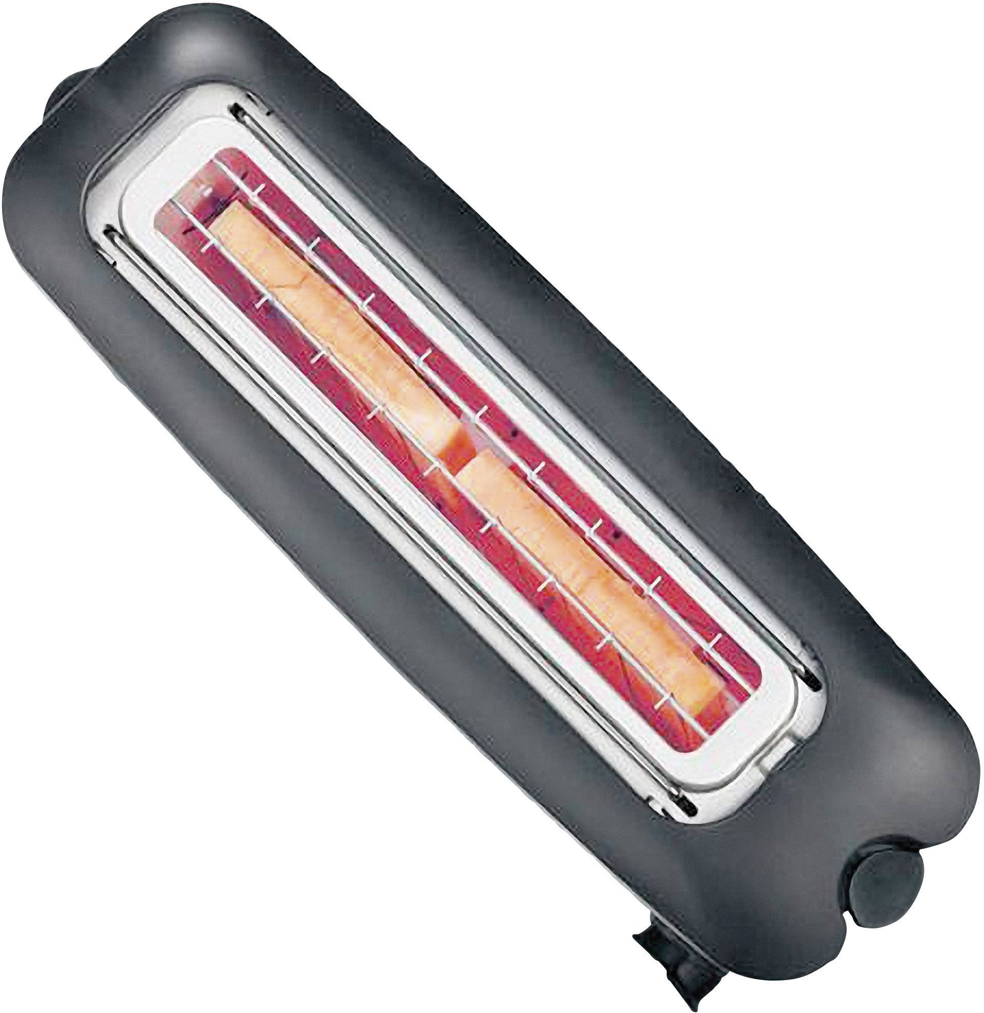 Een elektrische kachel met een gloeiende verwarmingselement in een rechthoekige, zwarte behuizing. Ideaal voor snelle warmteafgifte.