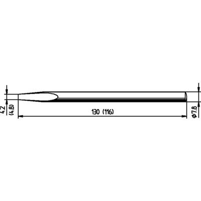 Technische tekening van een puntige metalen naald, lengte 130 mm, andere afmetingen 4,2 mm en 7,8 mm, details weergegeven in doorsnede.