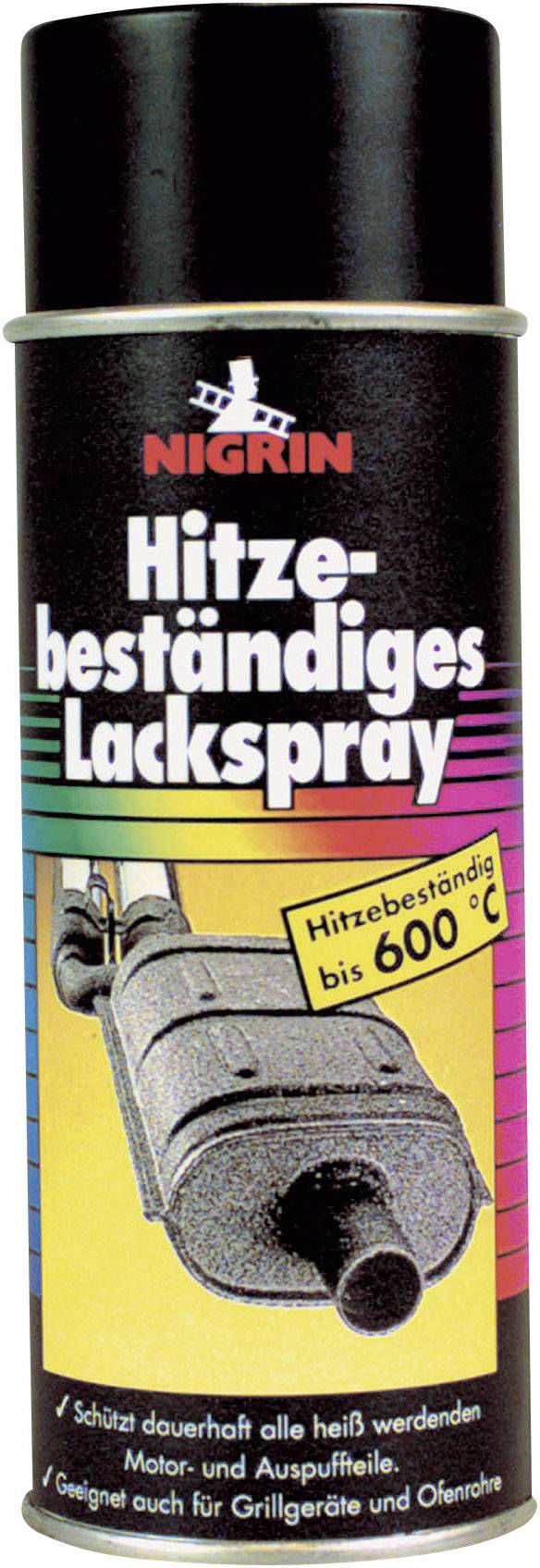 Een spuitbus met het opschrift 'Hittebestendig lakspray', hittebestendig tot 600 °C. Geschikt voor motoren en uitlaten.