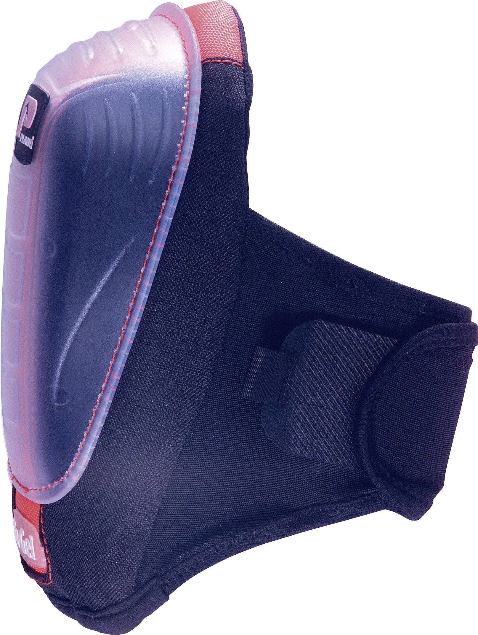 Zwarte kniebeschermers met een transparant beschermschild en rode rand, geschikt voor arbeidsbeveiliging of sportactiviteiten.