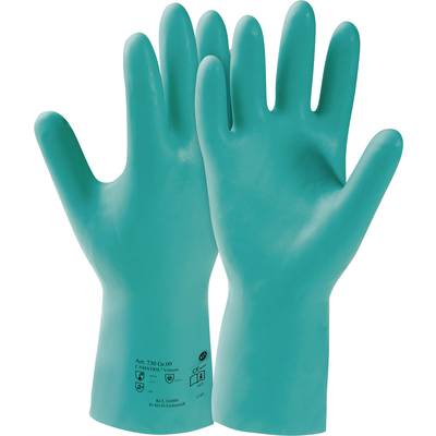 Een paar groene rubberen handschoenen, geschikt voor chemische bescherming. Eén handschoen ligt plat, de andere is licht opgetild.