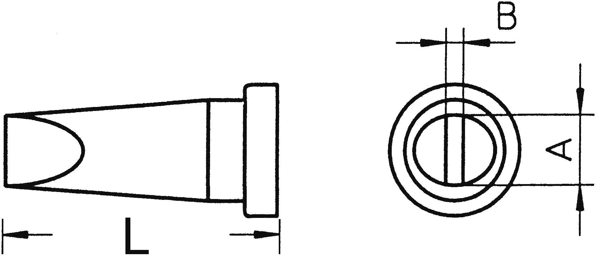 Technische tekening van een verstuivereenheid. Links vooraanzicht met lengte 'L'. Rechts bovenaanzicht met buitendiameter 'A' en binnendiameter 'B'.