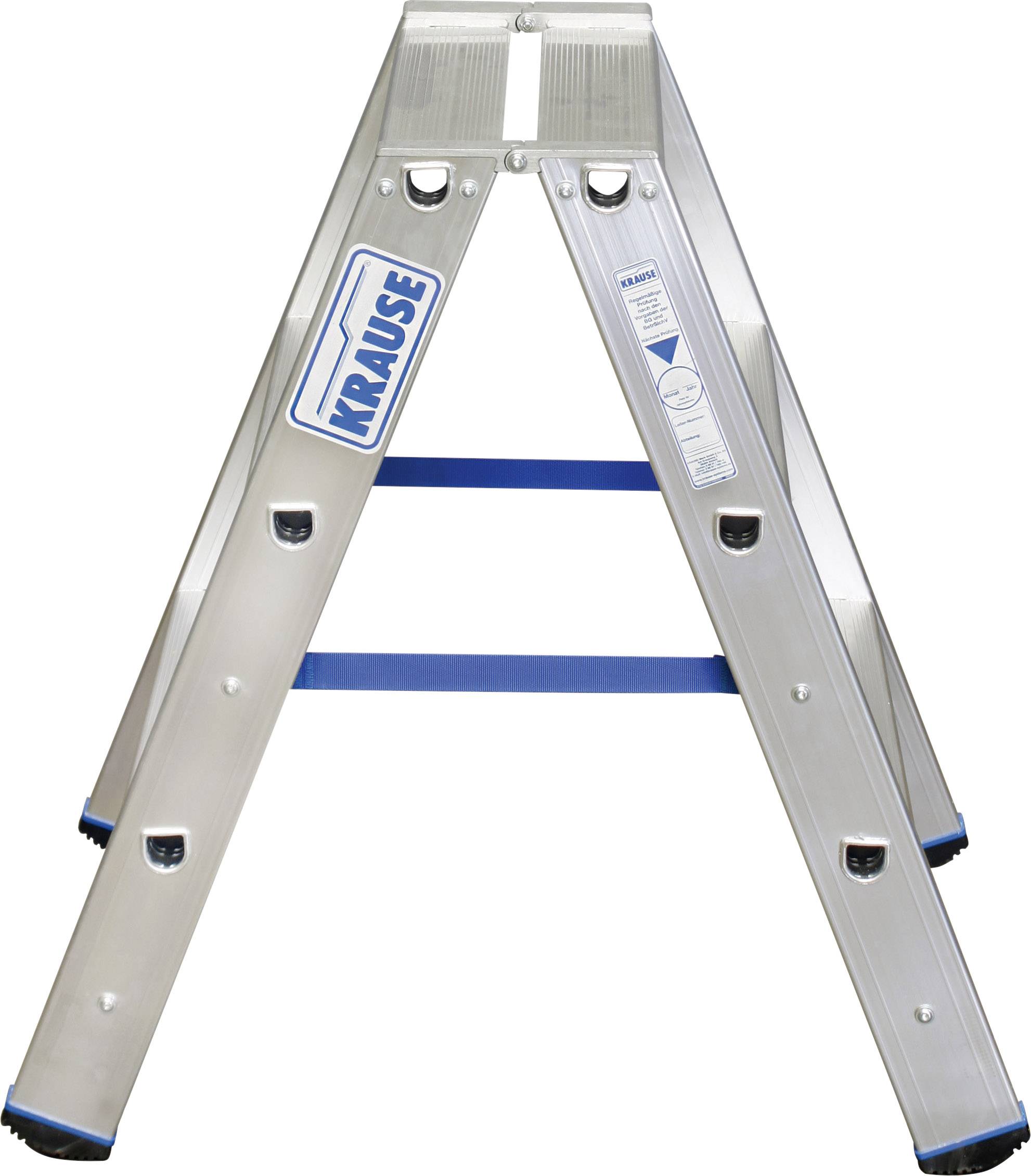 Een zilveren staande ladder met blauwe elementen staat open. Het merk 'Krause' is zichtbaar aan de zijkant. Geschikt voor binnen- en buitenwerkzaamheden.