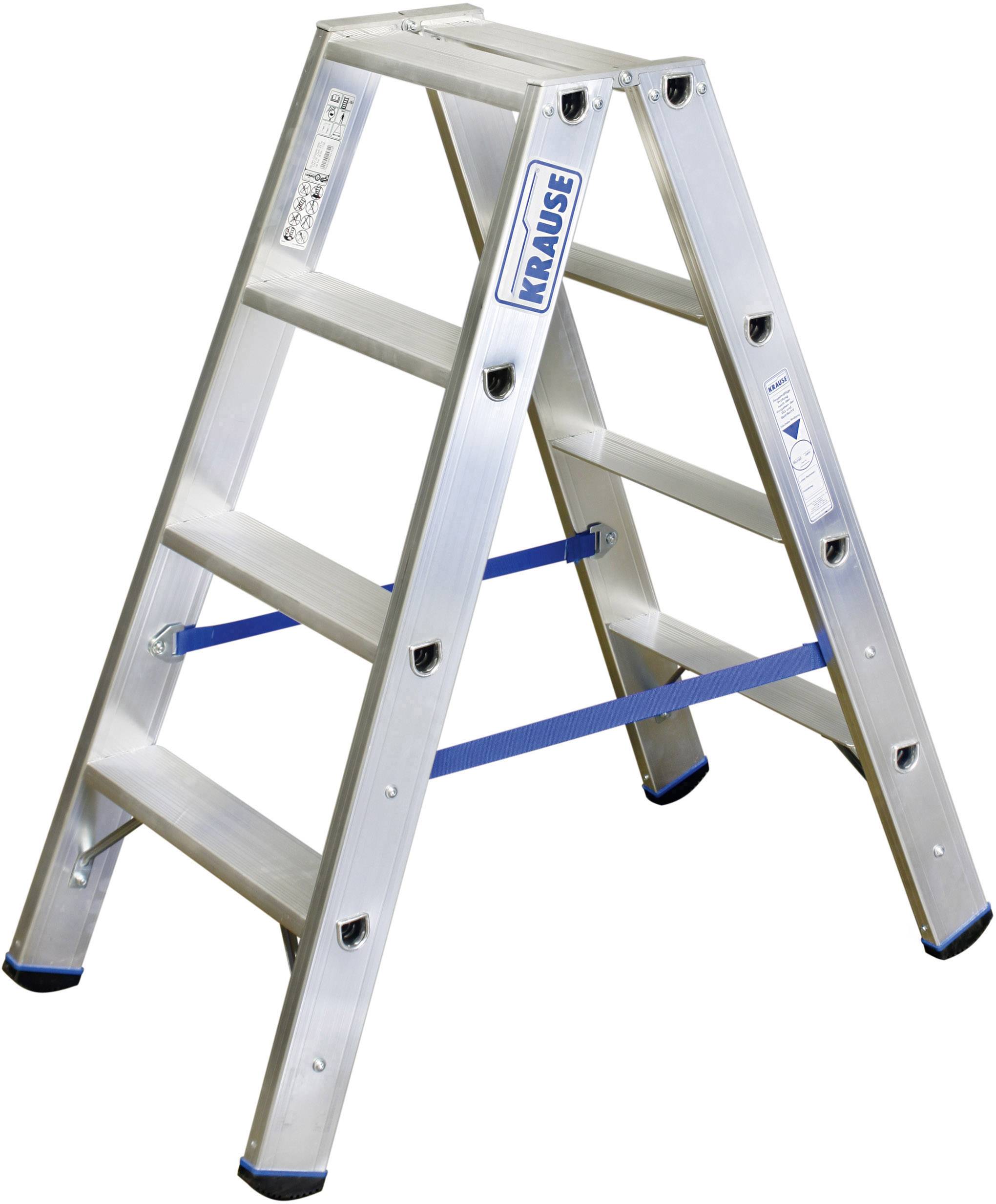 Een zilveren opvouwbare ladder met vier treden, blauwe versterkingen en antislipvoeten. Ideaal voor huishoudelijk gebruik of eenvoudige reparaties.