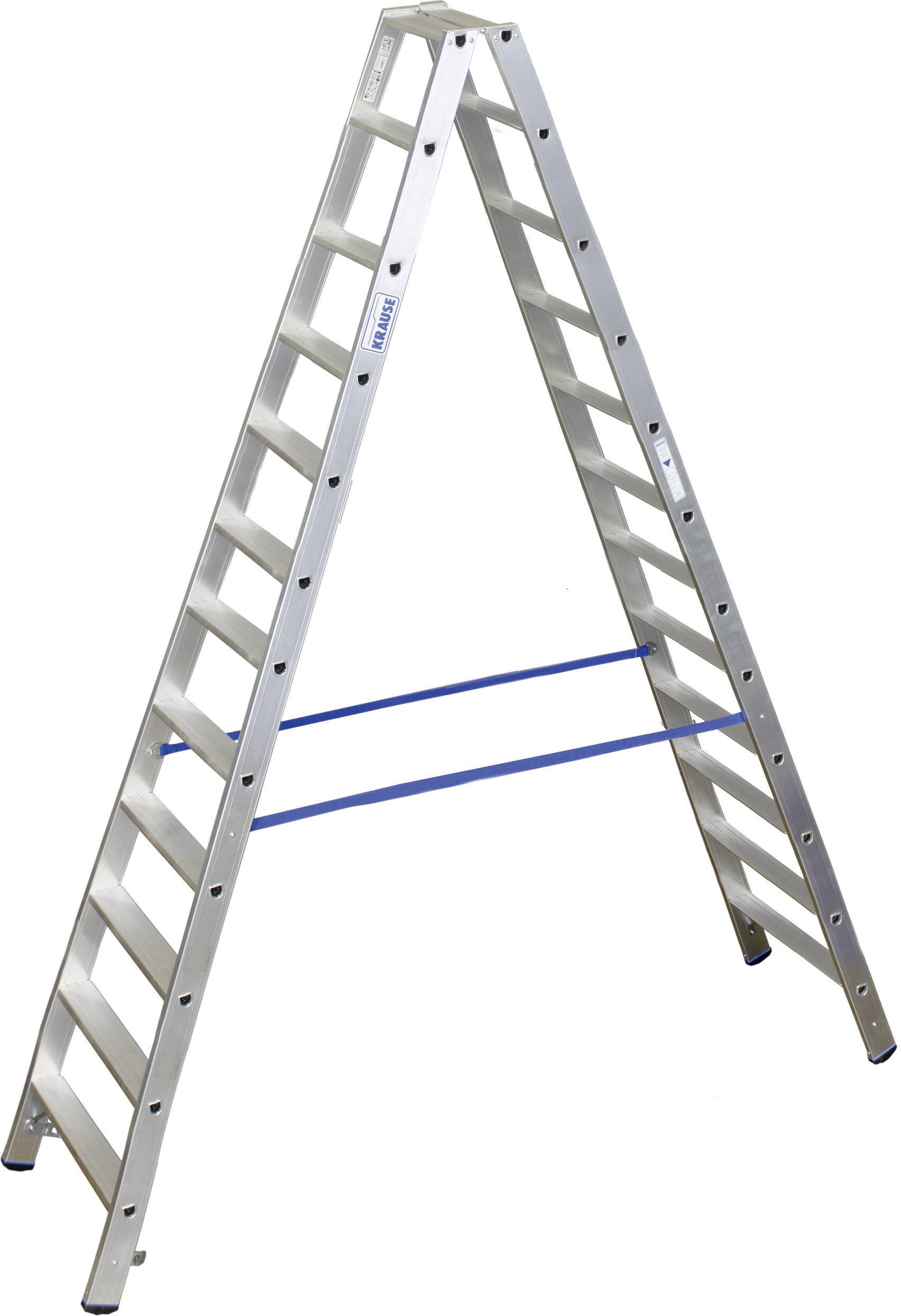 Een zilveren schuifladder met blauwe steunbalken staat opengeklapt. Hij heeft tien treden aan elke kant en is geschikt voor veelzijdige werkzaamheden.