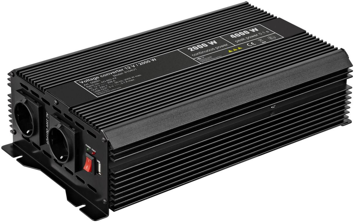 Spanningsomvormer 12V / 2000 W zet 12 V DC om in 230 V AC