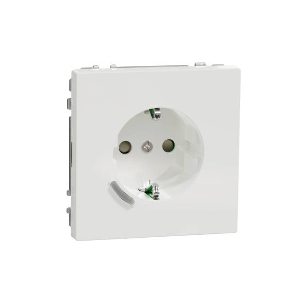Wit stopcontact met randaarde, twee aansluitpunten en veiligheidsvoorzieningen. Geschikt voor Europese standaardstekkers.
