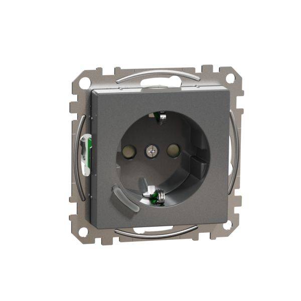 Een enkele grijze stopcontact met een rechthoekig frame, klaar voor montage in een muur.
