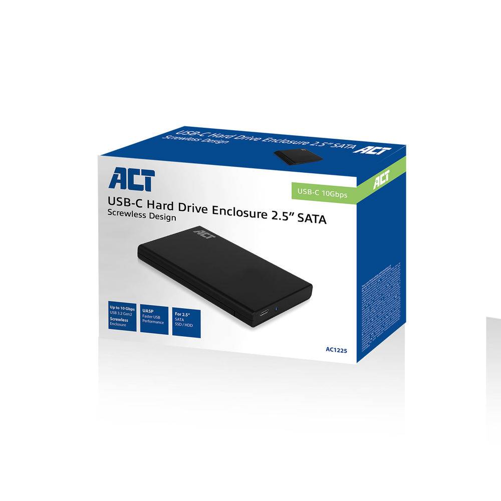ACT AC1225 2.5" SATA Harde Schijf Behuizing | Schroefloos | USB-C 3.2 Gen2 | 10Gbps | Zwart-1