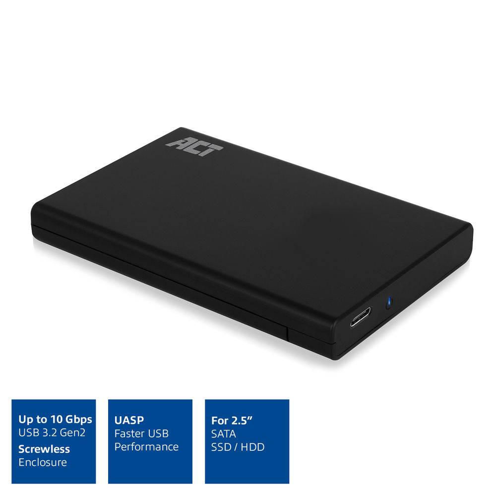 ACT AC1225 2.5" SATA Harde Schijf Behuizing | Schroefloos | USB-C 3.2 Gen2 | 10Gbps | Zwart-2