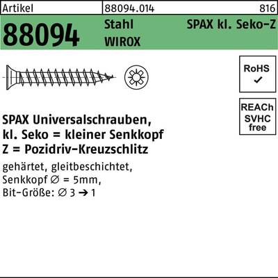 SPAX SPAX kl. Seko-Z 880940140030010 Verzonken schroeven 3 mm 10 mm Kruiskop Pozidriv    Staal Galvanisch verzinkt 1000 