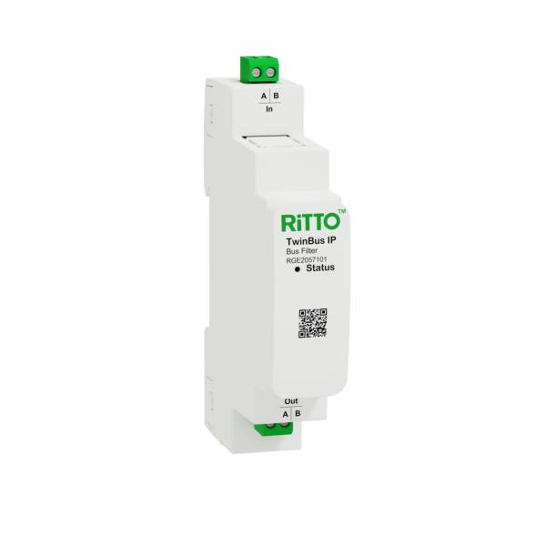 Een wit elektrisch apparaat met het opschrift 'RiTTO TwinBus IP Bus Filter' toont aansluitingen 'A', 'B' en 'Out'.