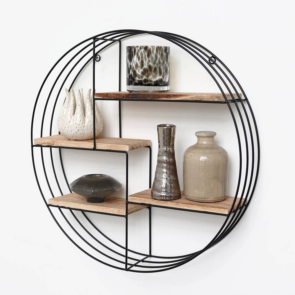 Zwart metalen wandrek met 4 houten plankjes - Rond - 50x11 cm-0