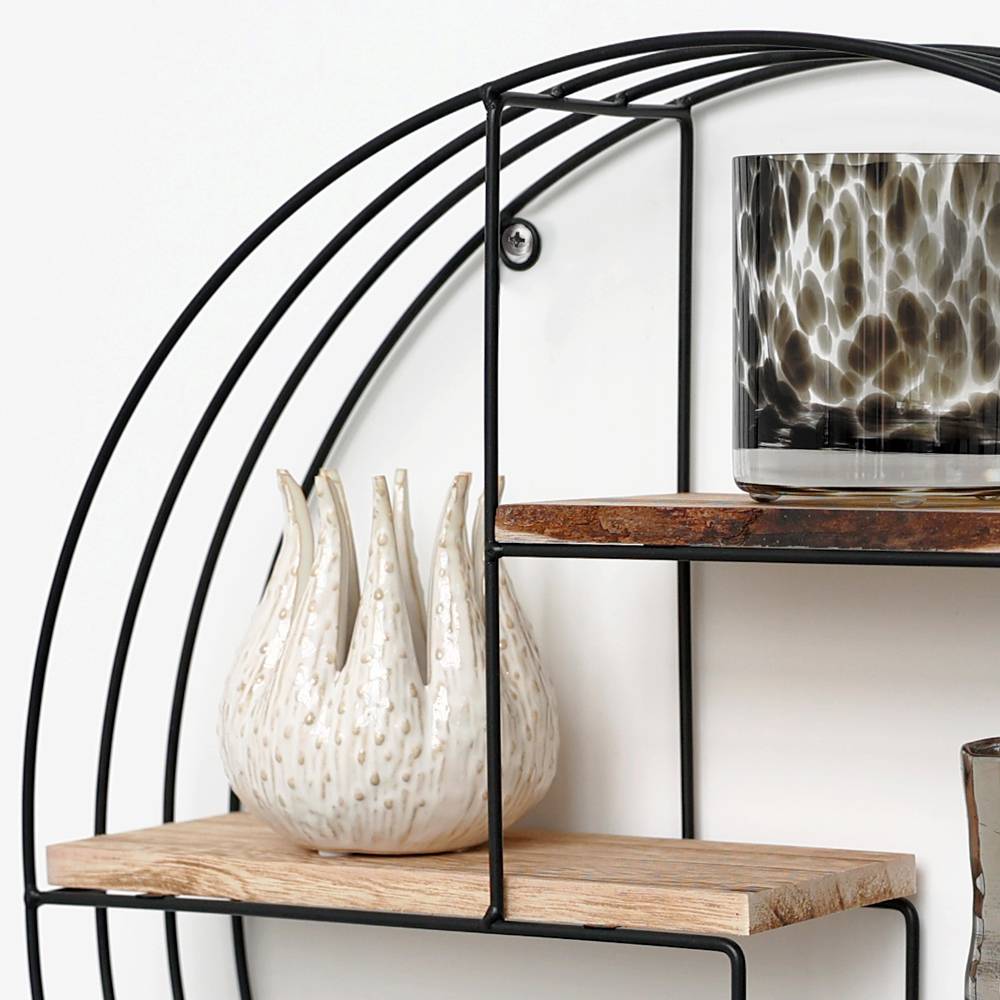 Zwart metalen wandrek met 4 houten plankjes - Rond - 50x11 cm-1