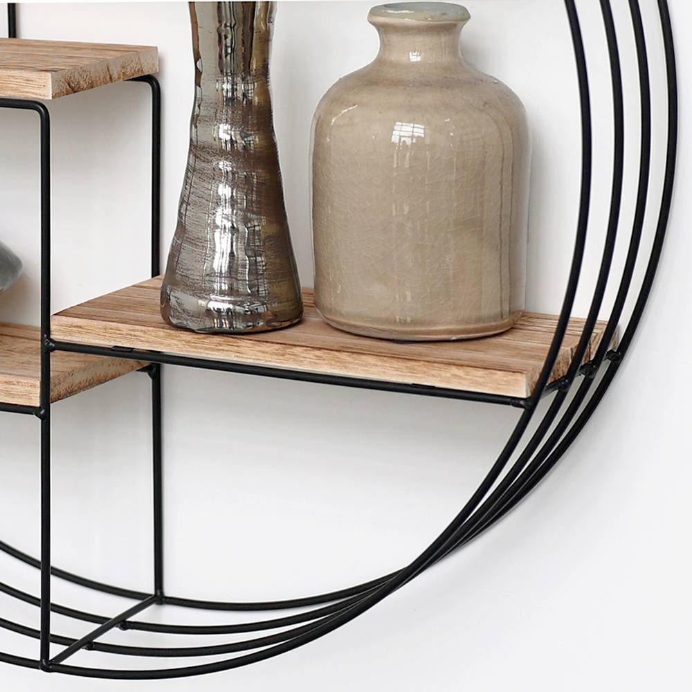 Zwart metalen wandrek met 4 houten plankjes - Rond - 50x11 cm-2