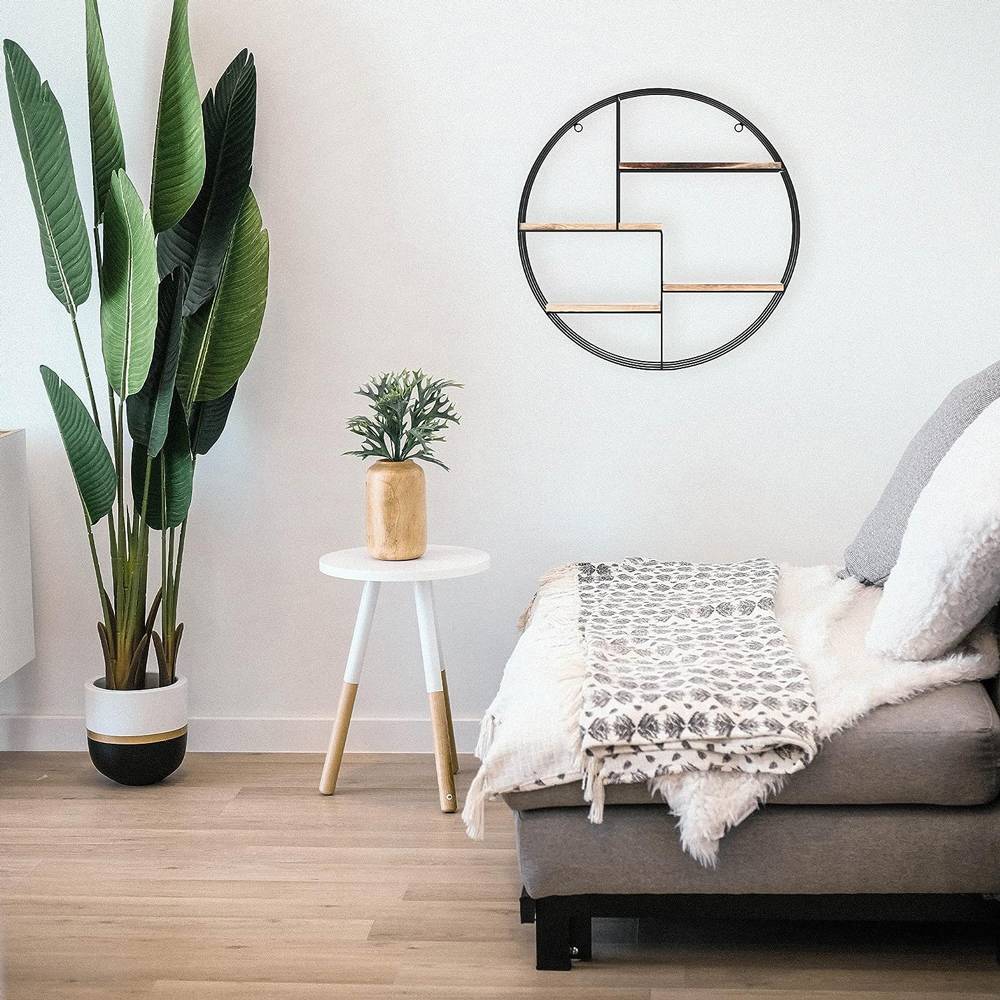 Zwart metalen wandrek met 4 houten plankjes - Rond - 50x11 cm-3