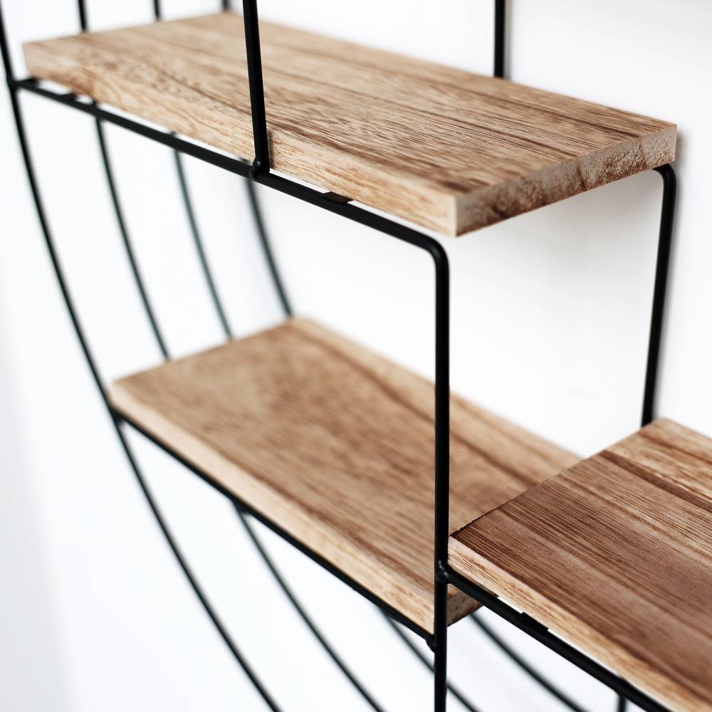 Zwart metalen wandrek met 4 houten plankjes - Rond - 50x11 cm-4