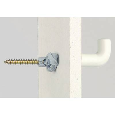 Schroef met plug in een muur bevestigd; een haak aan de andere kant. Toont veilige montagewijze voor hangend materiaal.