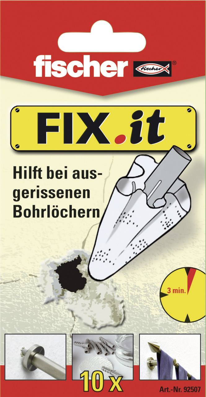 'Fischer FIX.it' productverpakking. Toont schroefankers voor het repareren van uitgescheurde boorgaten. Bevat afbeelding van voor/na gebruik.