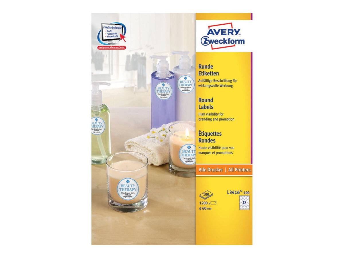 Avery L3416 Ronde Labels 60 mm Wit - 1200 stuks (L3416-100)