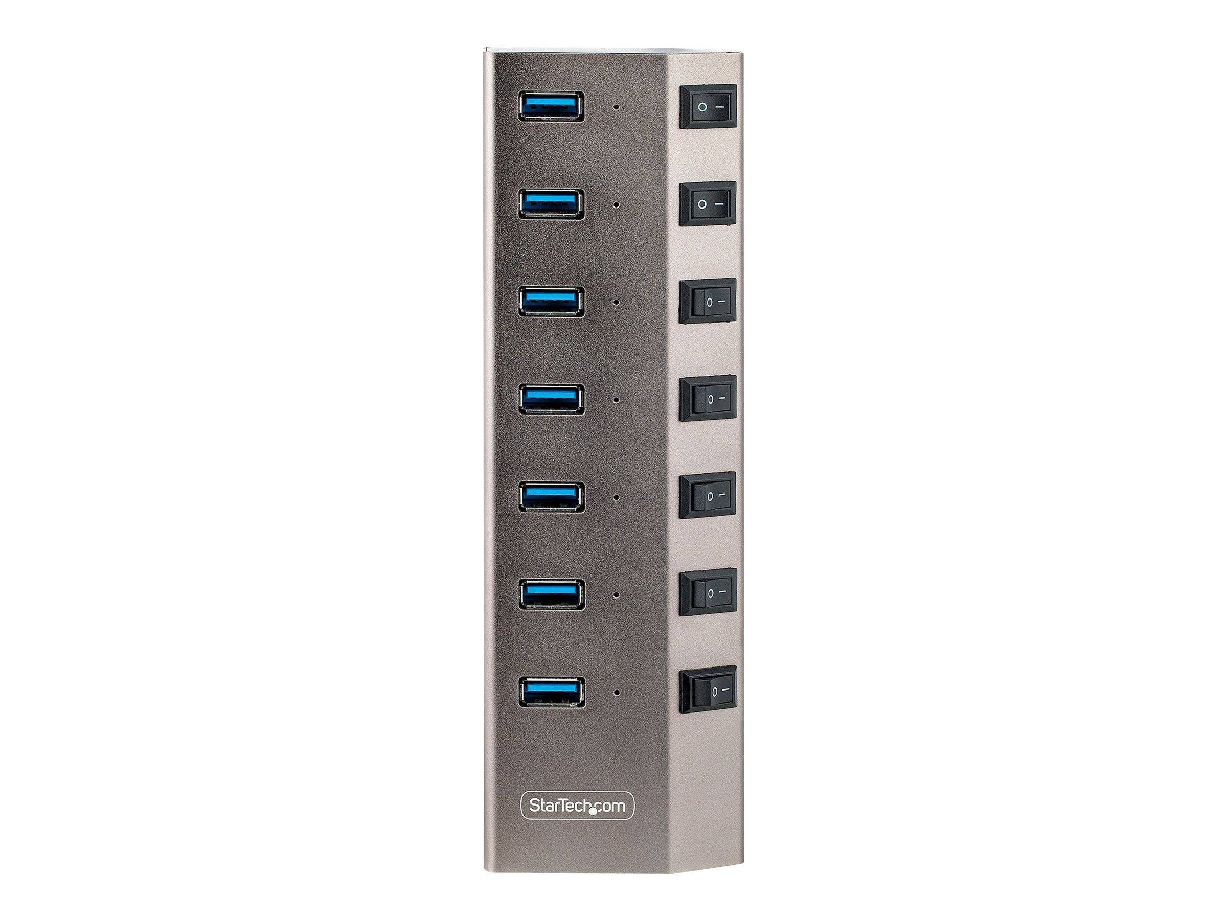 7-Port Self-Powered USB-C Hub met Individuele On/Off Schakelaars, USB-C naar USB-A 5Gbps Expansion Hub met Power Supply