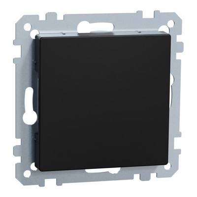 Vierkante, zwarte lichtschakelaar in metalen frame, geschikt voor wandmontage. Minimalistisch design, zonder zichtbare knoppen of merkaanduiding.