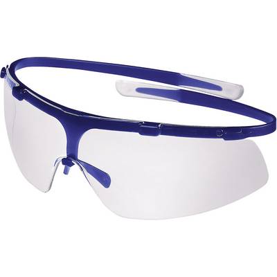 Veiligheidsbril met blauwe rand en heldere glazen, geschikt voor oogbescherming bij ambachtelijke werkzaamheden of in laboratoriumomgevingen.