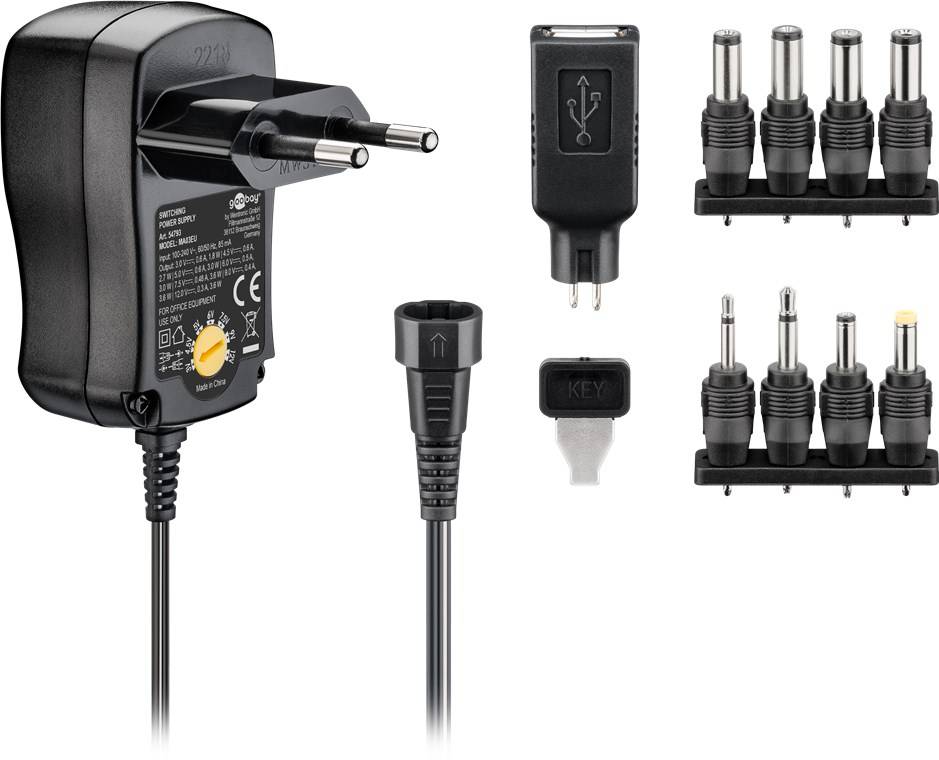 3 V - 12 V universele voeding inclusief 1 USB en 8 DC adapters - max. 3,6 W en 0,6 A
