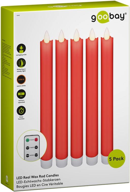 Goobay set van 5 rode LED kaarsen van echte wax, inclusief afstandsbediening - prachtige en veilige...-1