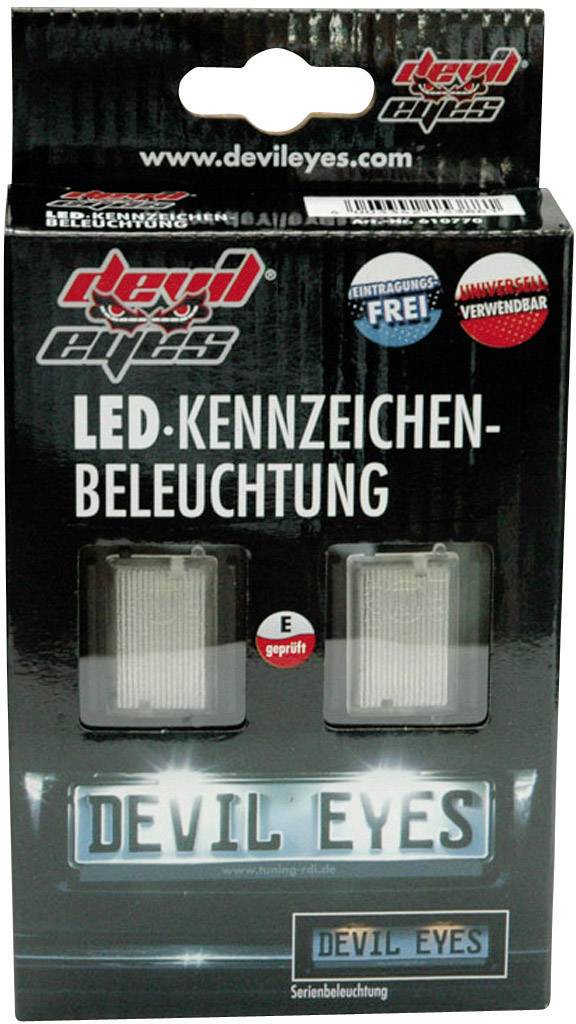 Verpakking van een LED-kentekenverlichting van het merk 'Devil Eyes' met twee lampen en vermelding van 'Zonder registratie' en E-keurmerk.
